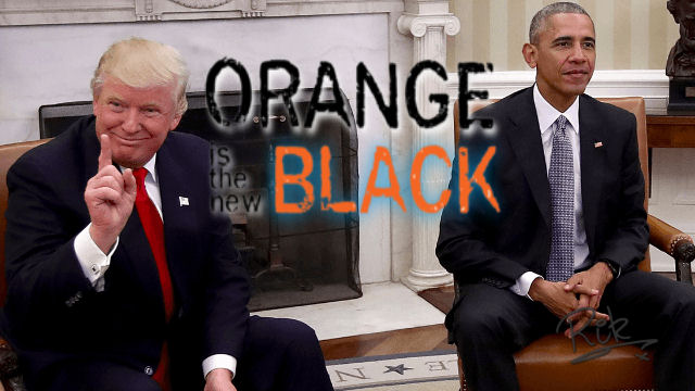 Donald Trump and Barack Obama in the Whitehouse together.  In a spoof of the poster art for the TV show 'orange is the new black'.  Point being, Donald Trump is the new president, and he's orange.  He's replacing Barack Obama, who's the old president, but black.